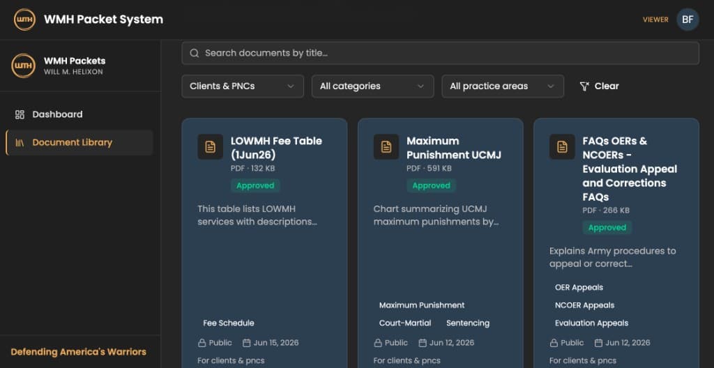 The document library of the WMH Packet System, an app Will built to catalog materials, draft with AI, and assemble client packets