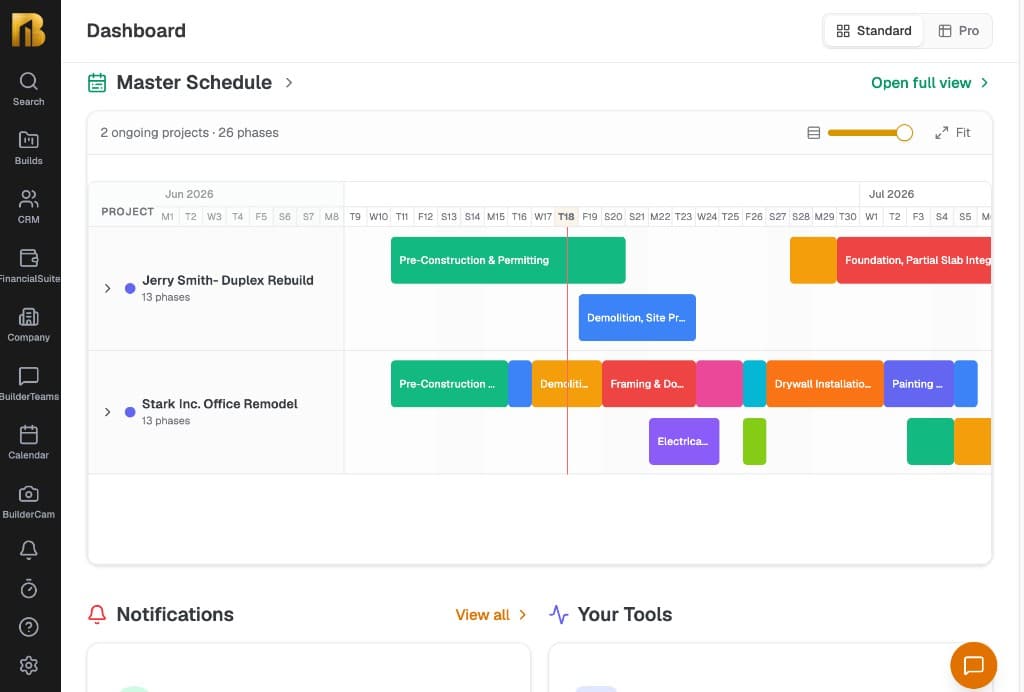 The BuilderSuite dashboard built on Hercules, showing the master schedule across active projects alongside CRM, financials, company, and BuilderCam modules