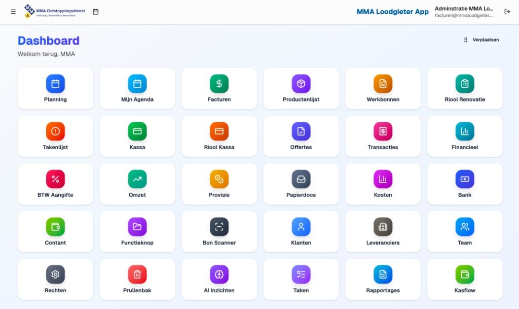 The MMA Loodgieter App dashboard built on Hercules, showing modules for planning, invoicing, accounting, point-of-sale, client management, and more