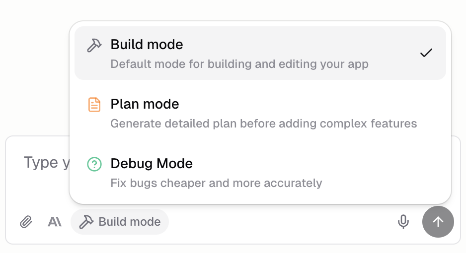 Agent chat input with a mode selector showing Build, Plan, and Debug options