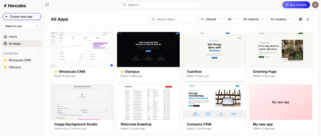 Dashboard Apps page showing a grid of app thumbnails with search, filter, and sort controls at the top