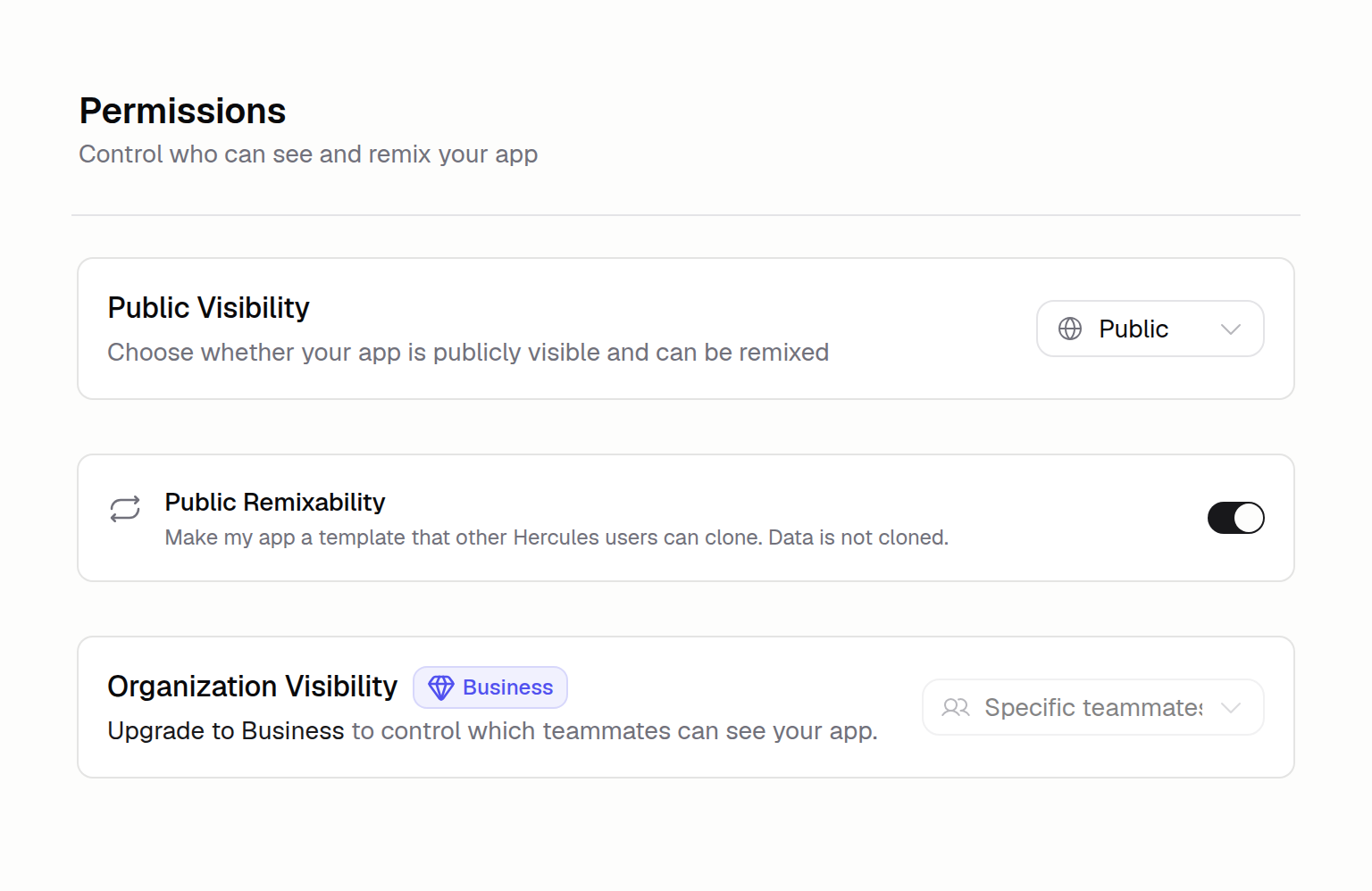 App Permissions screen with cards for Public Visibility, Remixability, and Organization Visibility