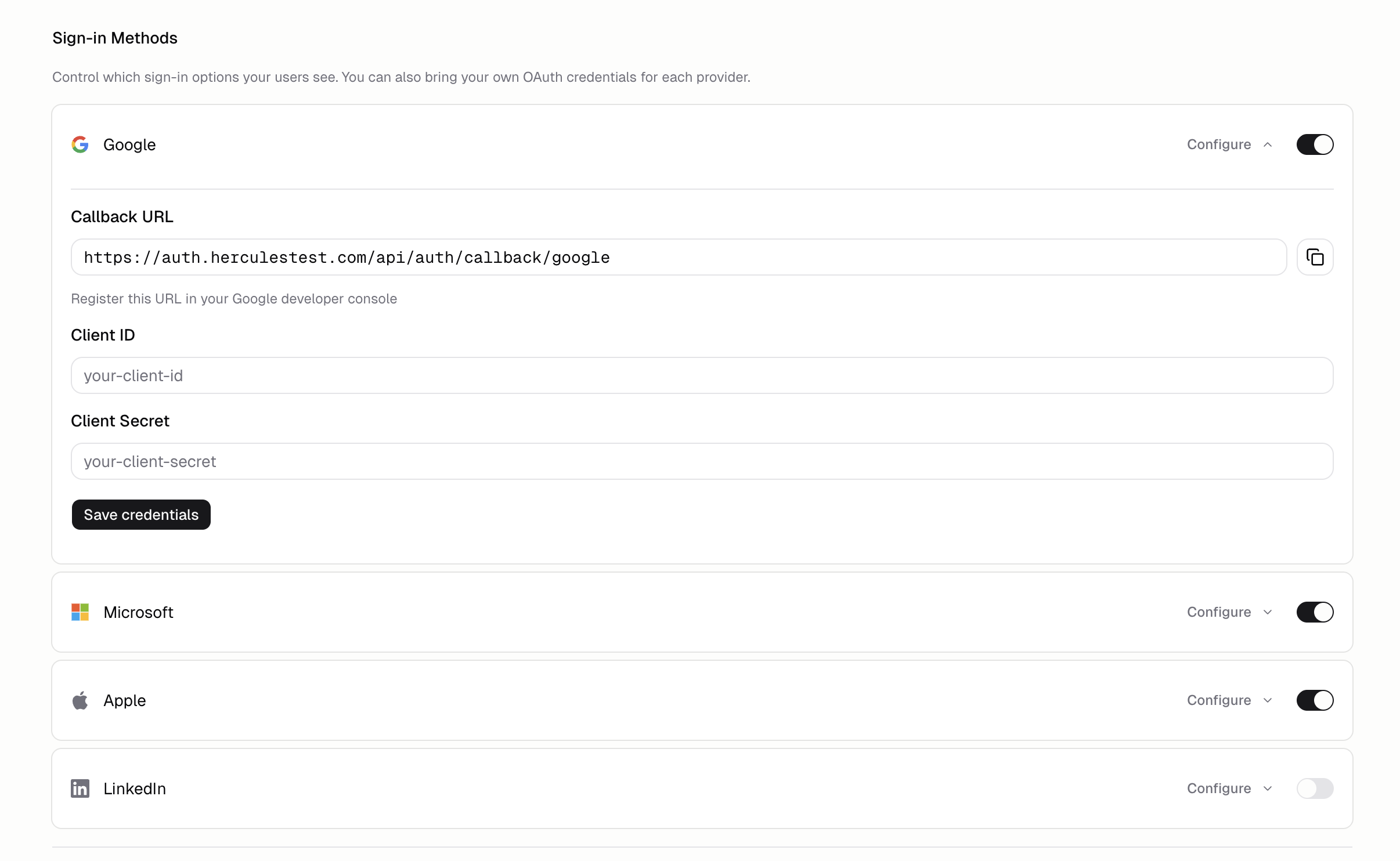 OAuth credentials form with Client ID and Client Secret fields for Google, Microsoft, Apple, Facebook, and LinkedIn