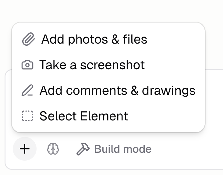 Capture tools menu in the chat input with options to screenshot, annotate, select an element, or attach a file