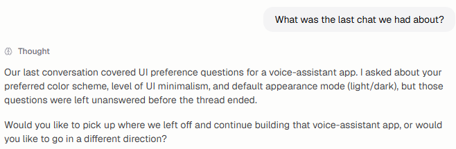 Agent response recapping the unfinished topic from a prior chat thread