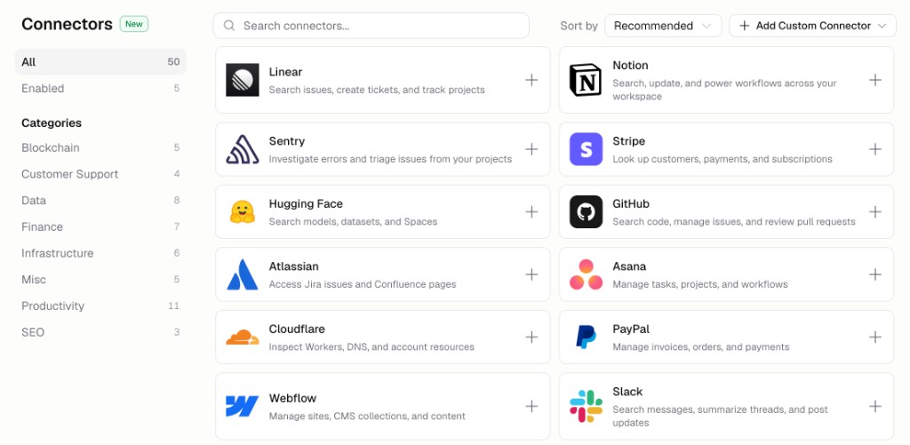 Chat Connectors catalog showing connectors like Linear, Notion, Sentry, Stripe, GitHub, and Slack with an Add Custom Connector button
