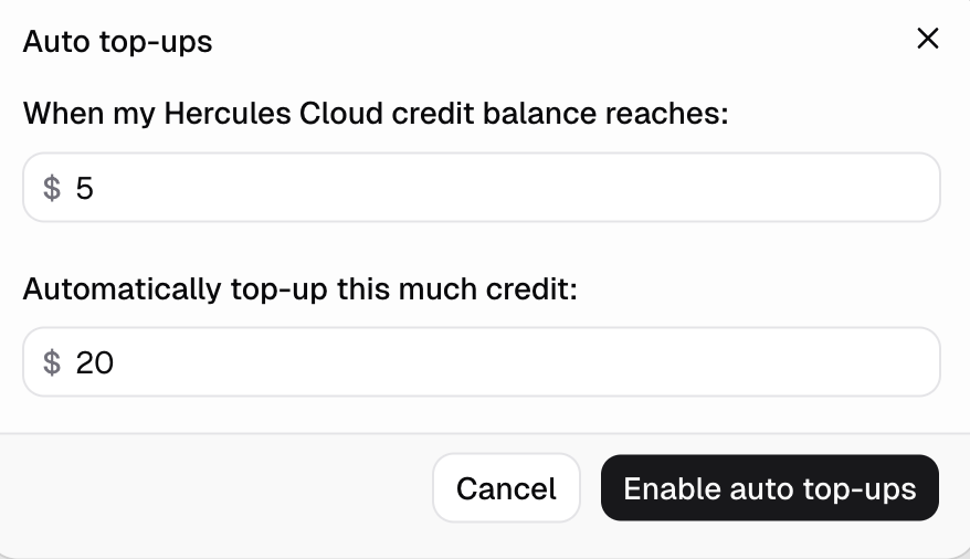 Cloud auto top-ups dialog showing balance threshold and top-up amount inputs