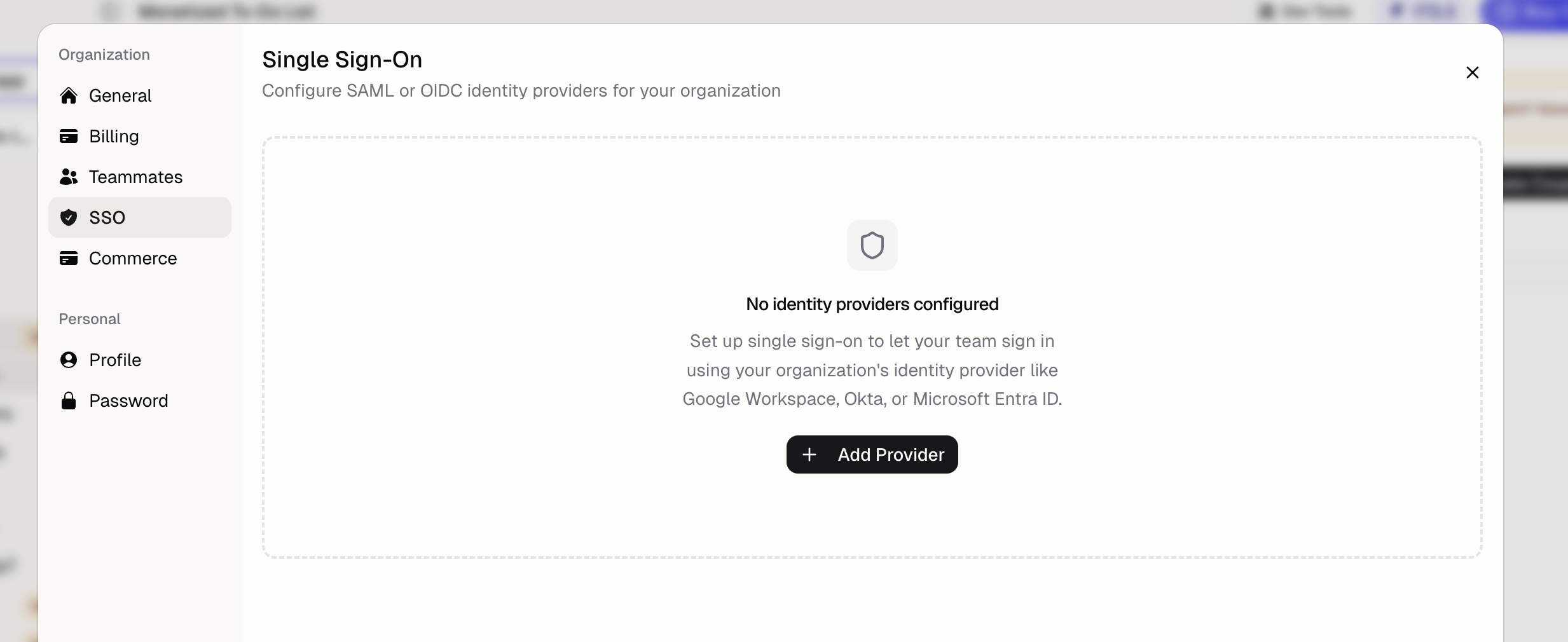 SAML SSO configuration page in organization settings