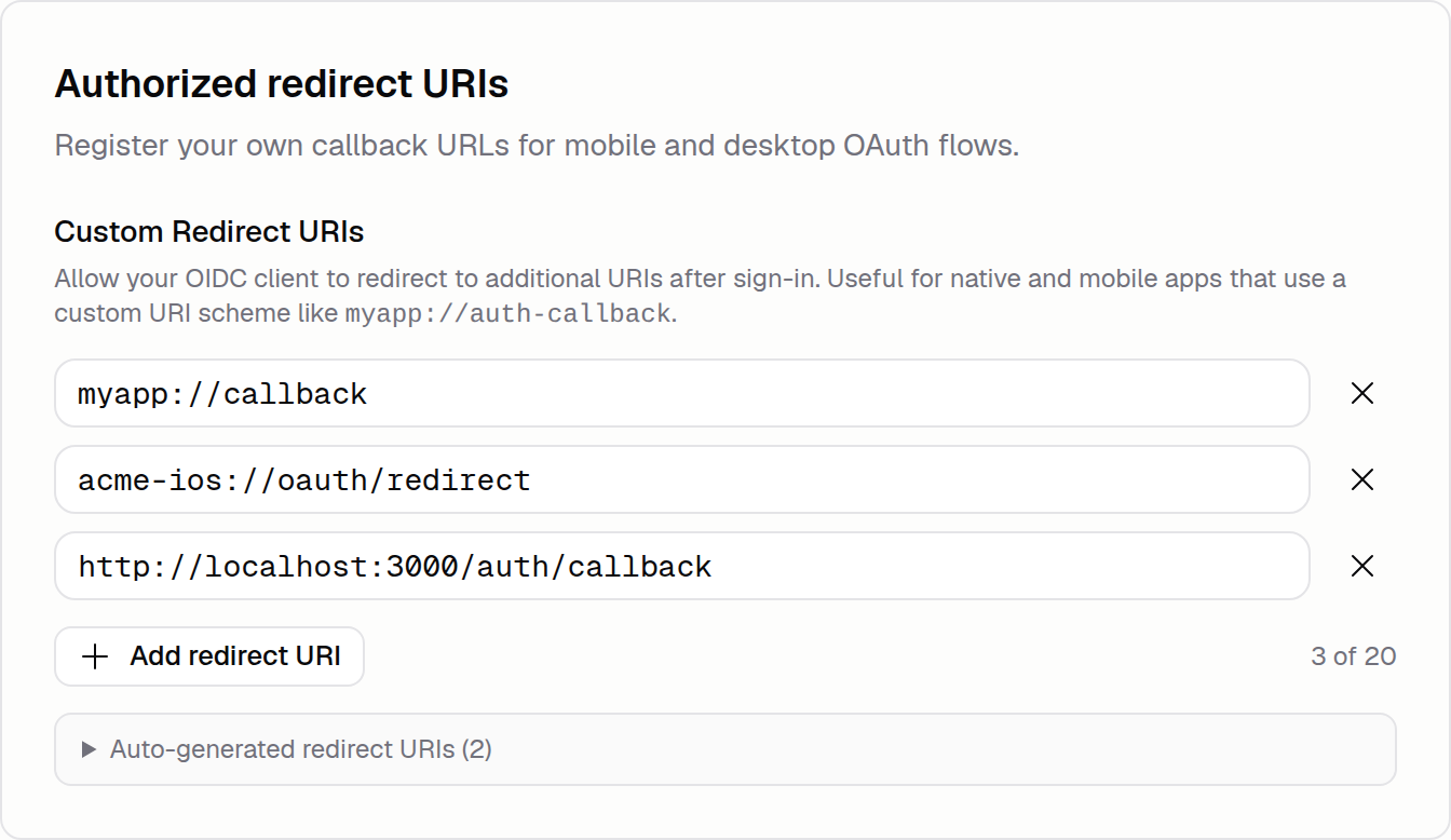 Three custom redirect URIs including myapp://callback and a list of generated callback URIs