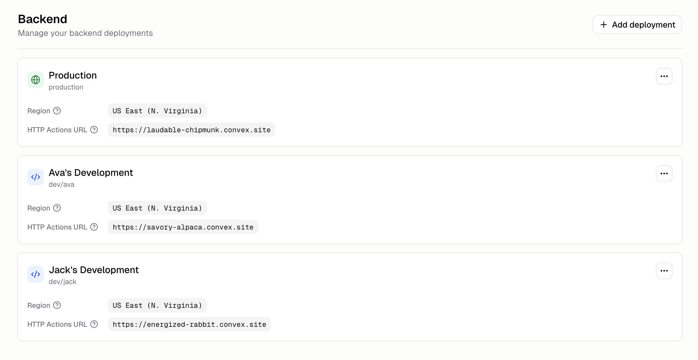Deployments page listing Production and Development environments side by side with status and last deploy times
