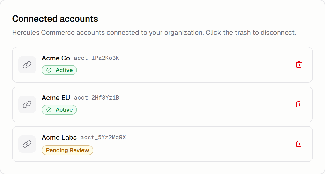 Connected accounts list with active and pending badges and a trash icon next to each row