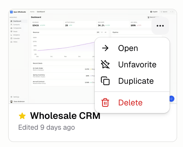Dashboard app card with the actions menu open showing Open, Duplicate, and Delete