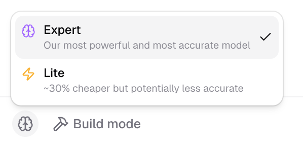 Chat input model picker showing Expert and Lite tier options