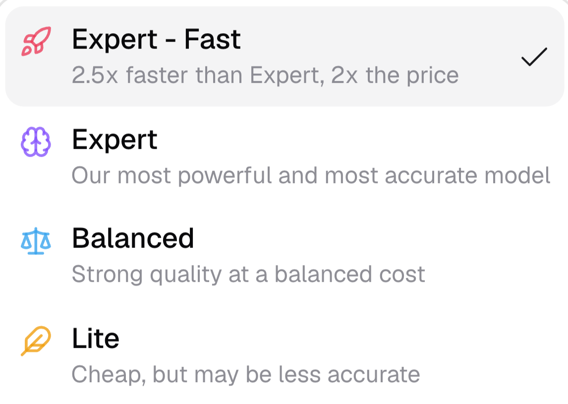 Model selector showing Expert - Fast, Expert, Balanced, and Lite tier options