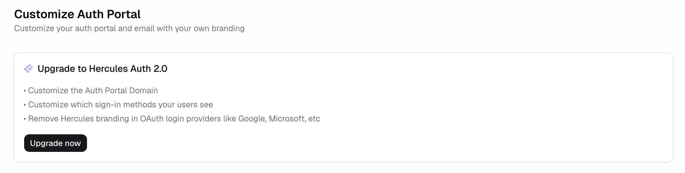 Upgrade to Hercules Auth 2.0 card with a primary Upgrade button and a summary of new capabilities