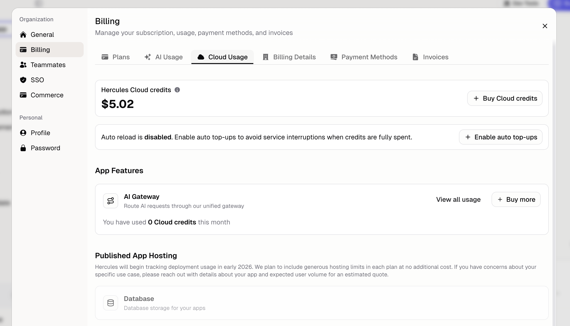 Hercules Cloud billing page with usage metrics and balance