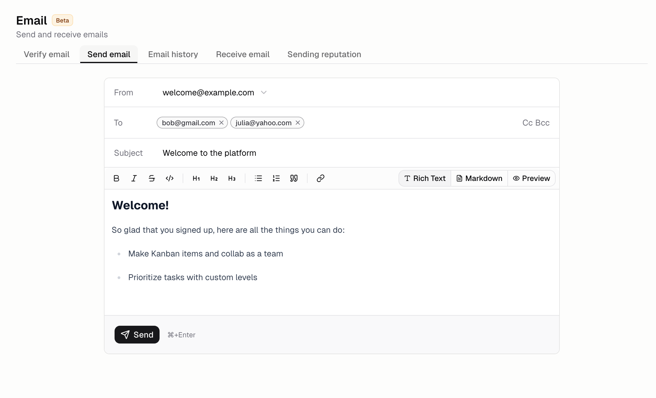 Send email composer with From, To, Subject, and body fields and a Send button