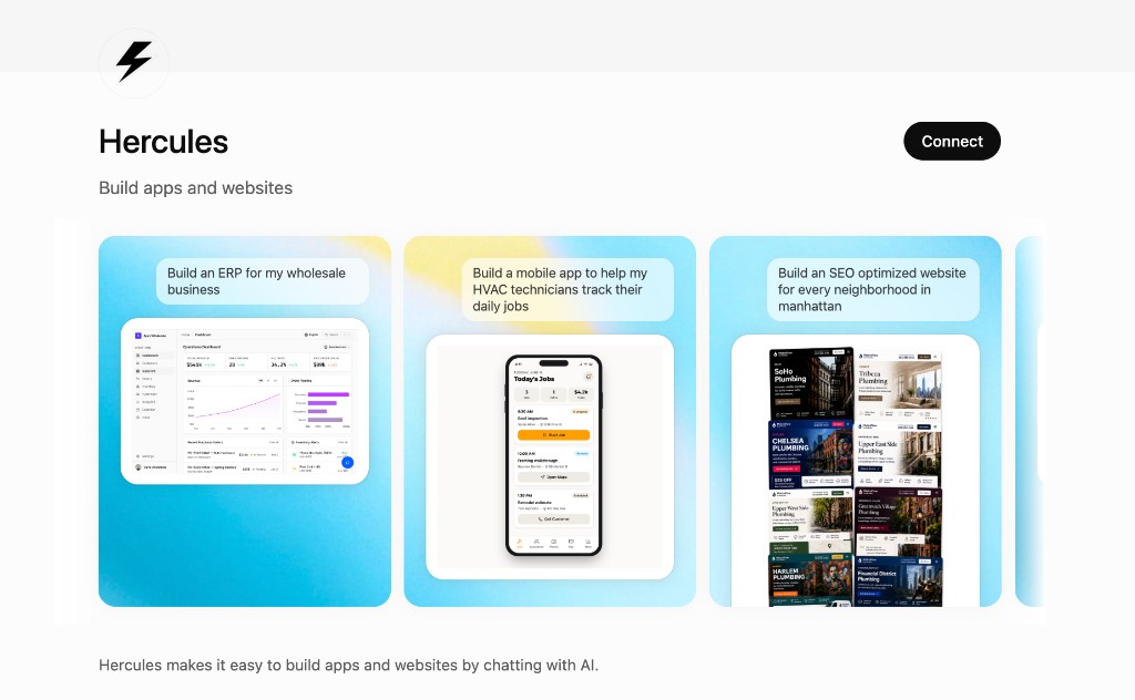 Hercules app listing in ChatGPT with example prompts to build an ERP, a mobile app, and neighborhood websites