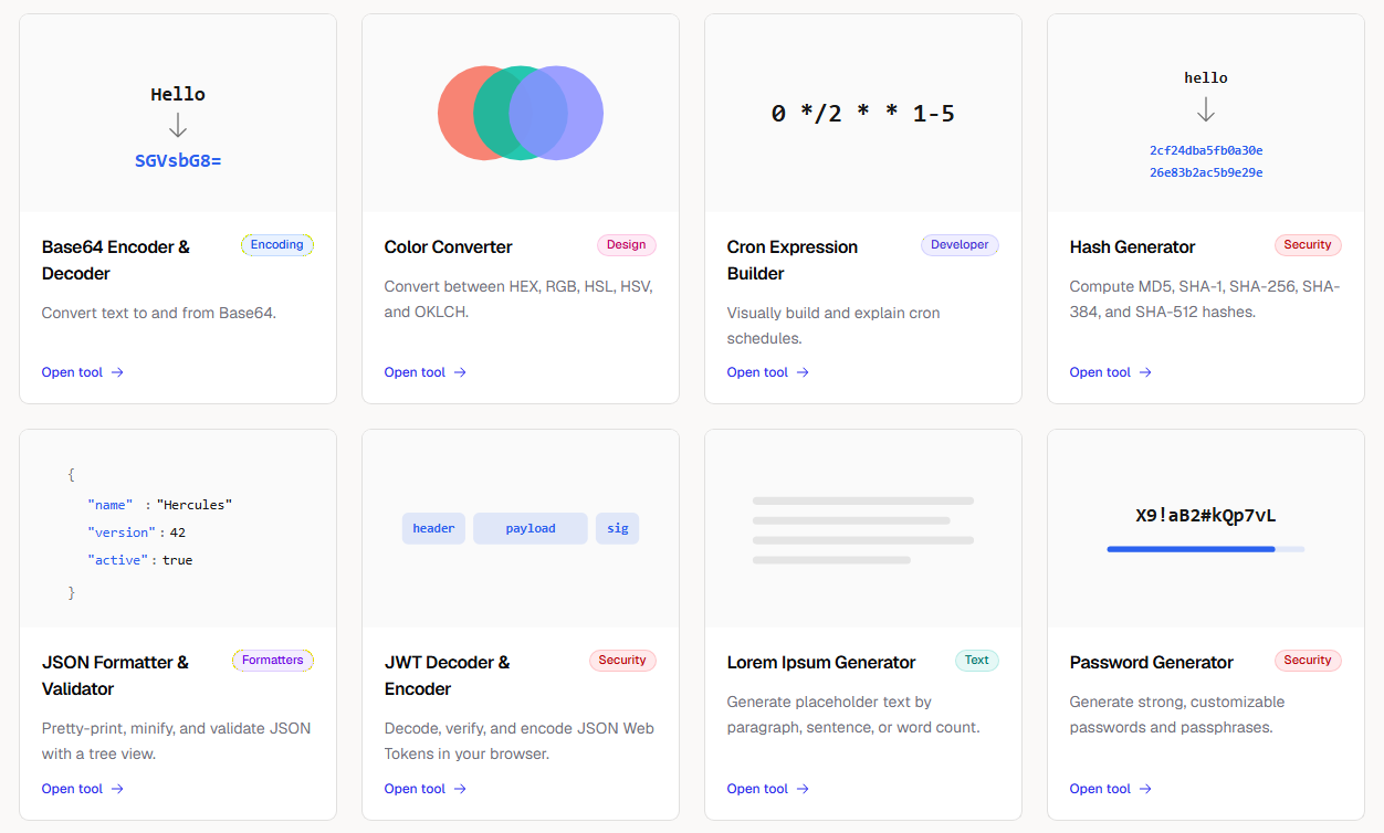 Hercules utilities directory showing tools including Color Converter, Cron Expression Builder, JSON Formatter, JWT Decoder, and more
