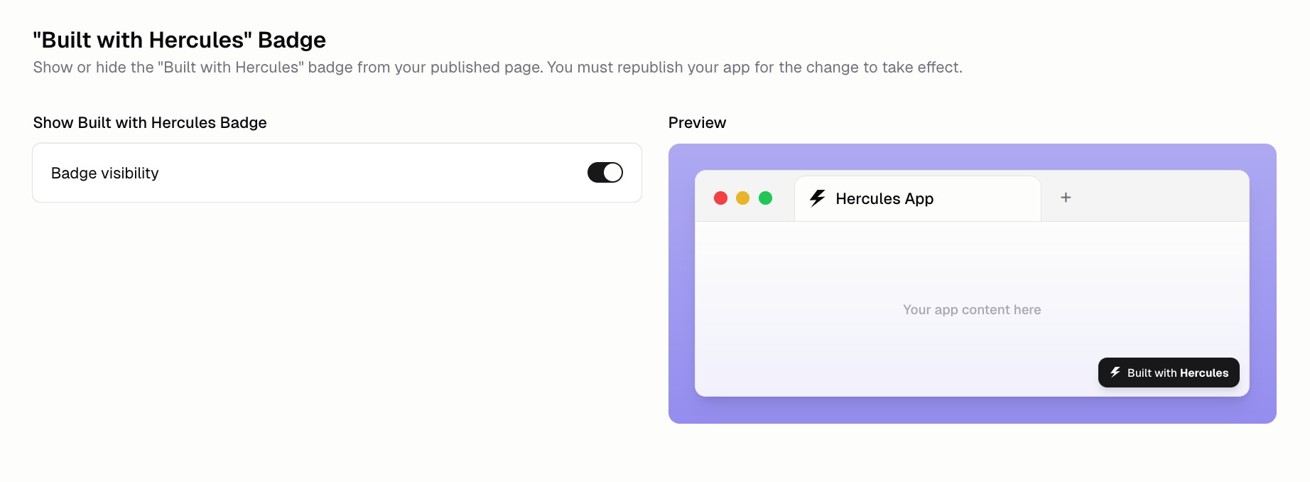 Built with Hercules badge floating at the bottom corner of a published app's preview