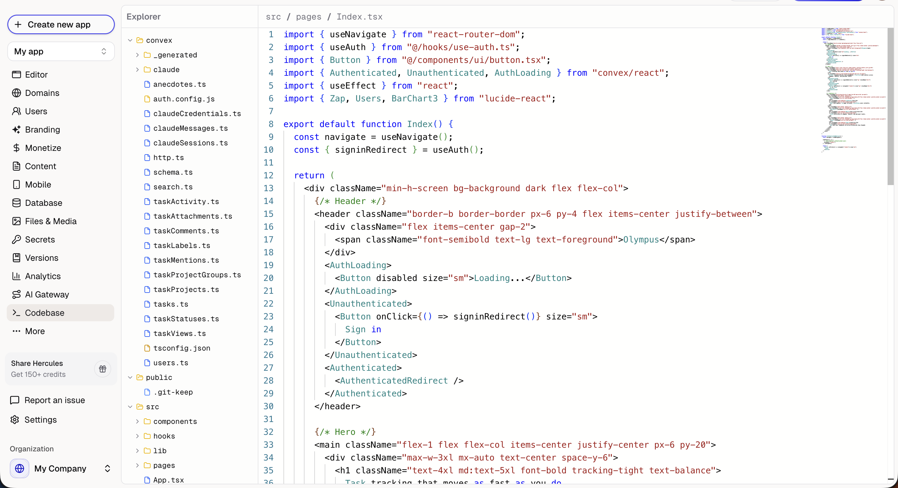 Codebase tab with the in-app code editor open