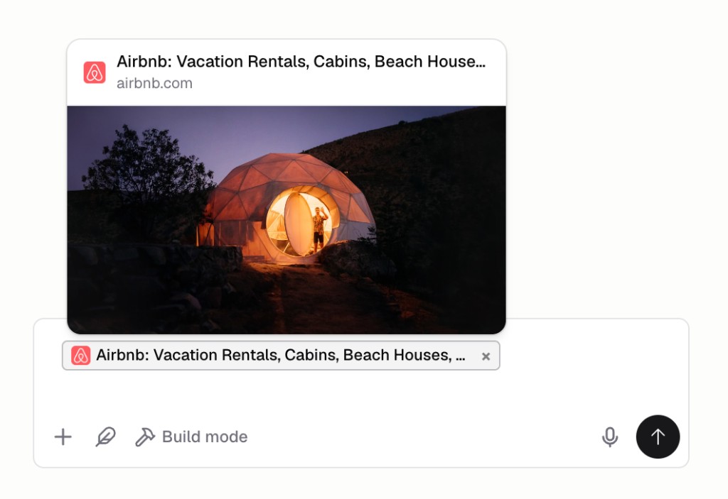 Link preview card for an Airbnb URL showing the site favicon, page title, address, and the page's social preview image