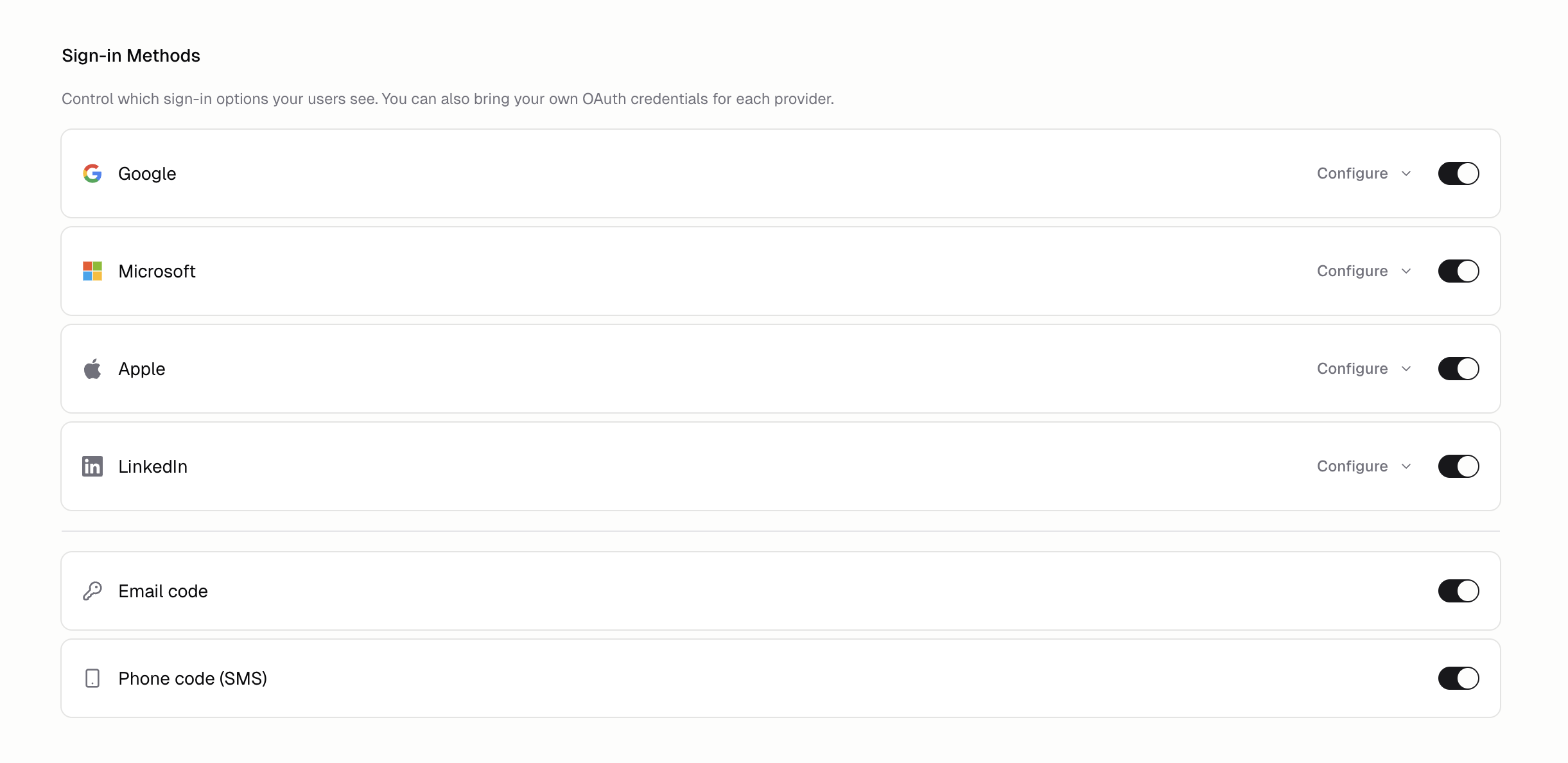 Sign-in Methods panel with provider toggles including LinkedIn