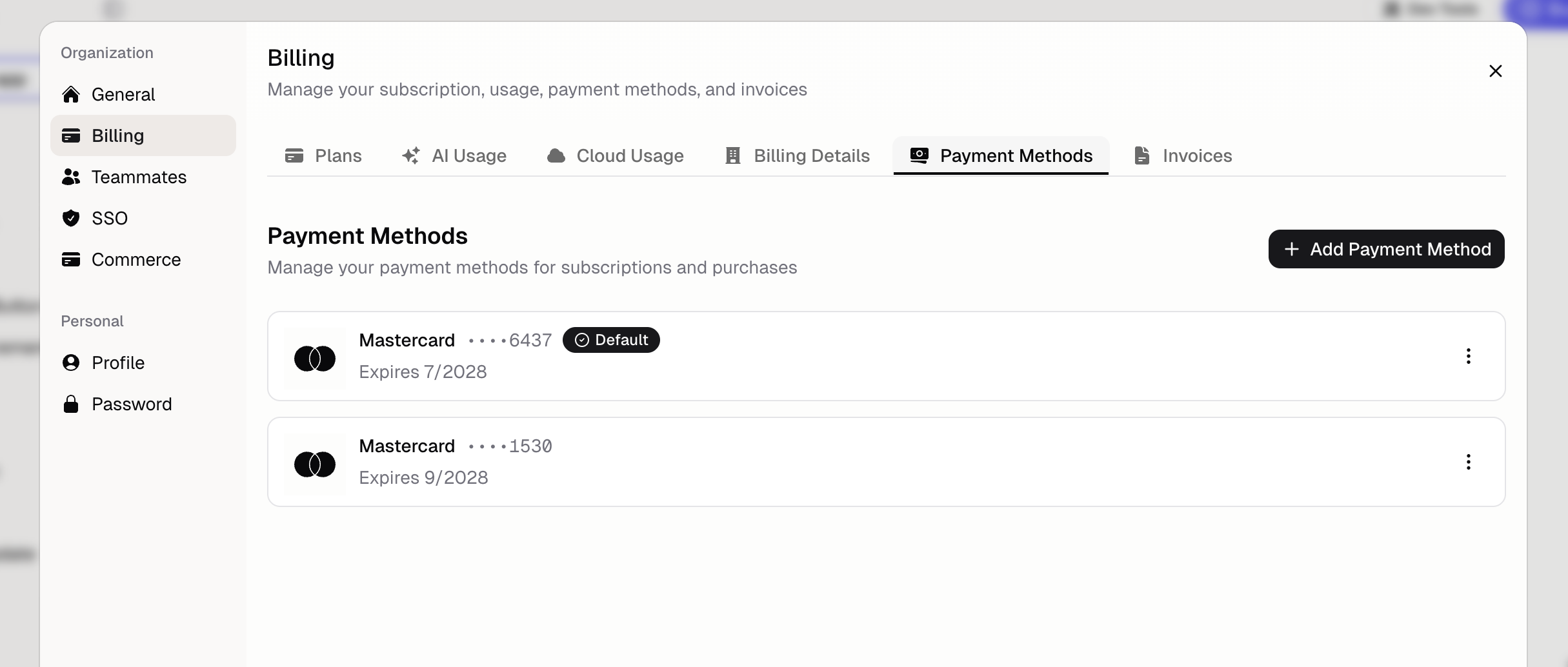 Payment methods list in Settings showing saved cards with default and remove actions for each