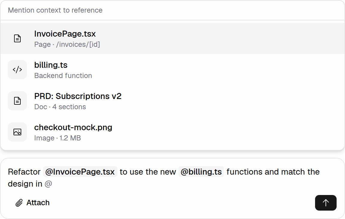 Chat input with an @-mention suggestion popover above and two existing context chips inline