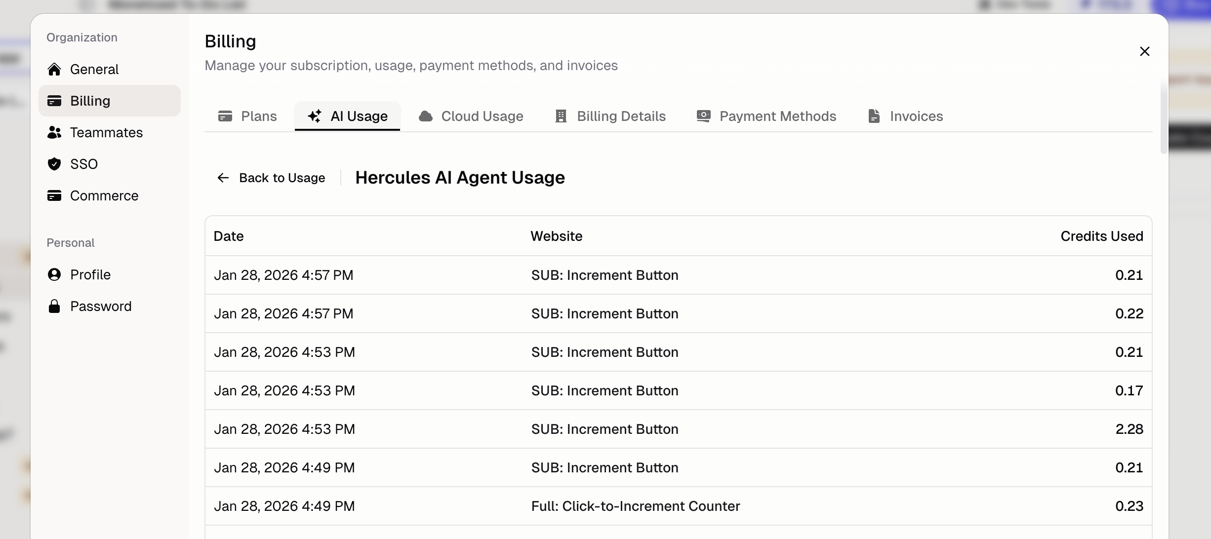 AI Usage tab in Settings listing past Agent runs with columns for date, app, and credits used