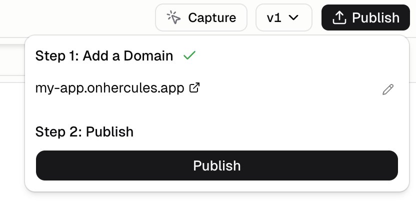Publish dropdown configured with an onhercules.app subdomain