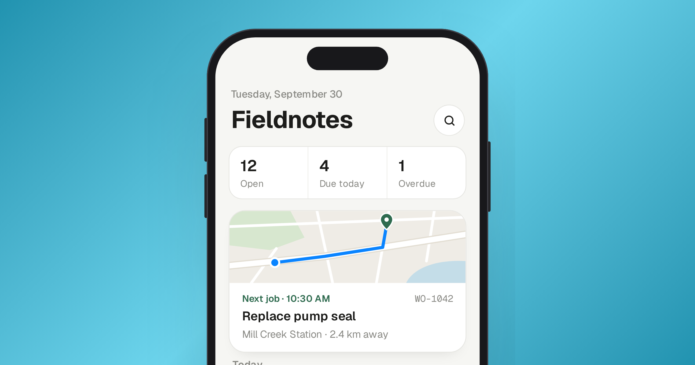 iPhone showing a work order App with a map route to the next job