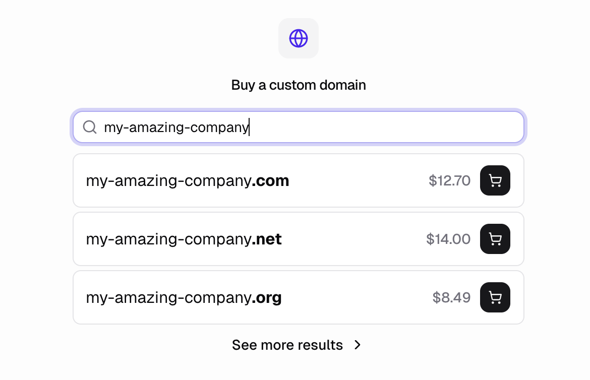 Buy a custom domain search showing .com, .net, and .org pricing
