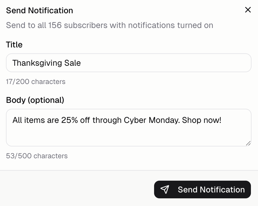 Push notification composer with Title, Body, and recipient list fields and a Send button