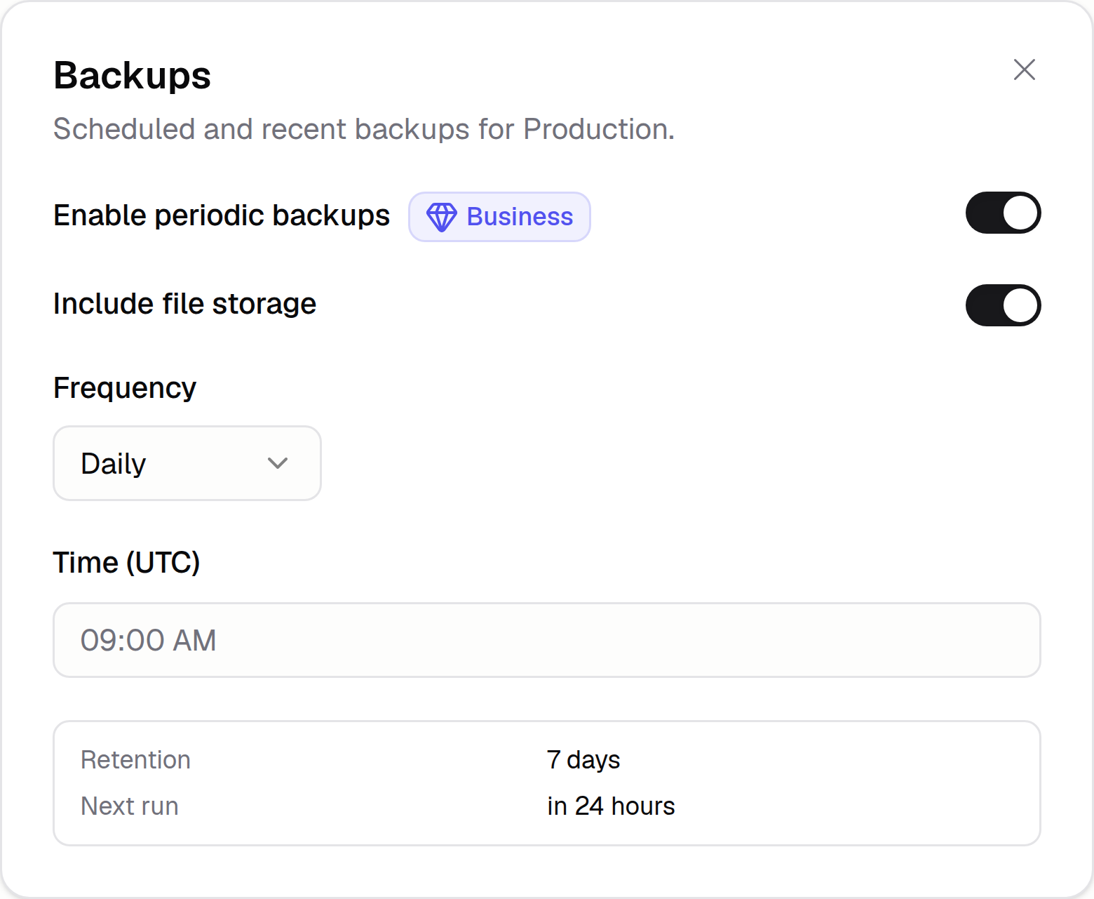 Backups dialog with Daily frequency, 09:00 UTC time, 7-day retention, and the next run scheduled in 24 hours