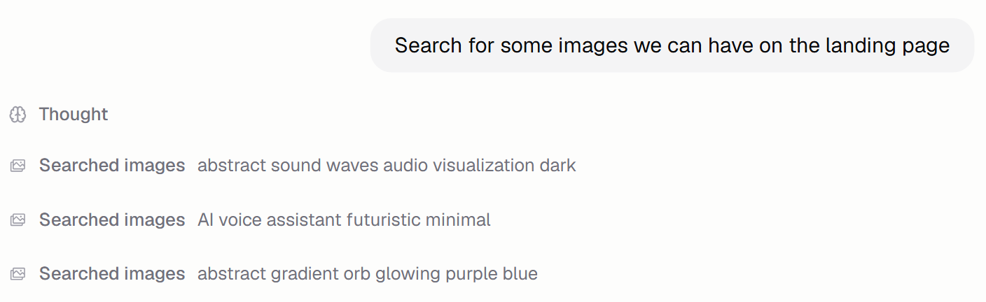 Chat with three Searched images steps showing different query terms