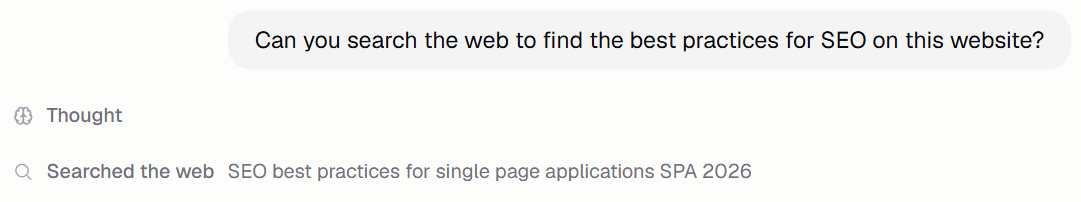 Chat showing the Agent's Thought and a Searched the web step with the query terms