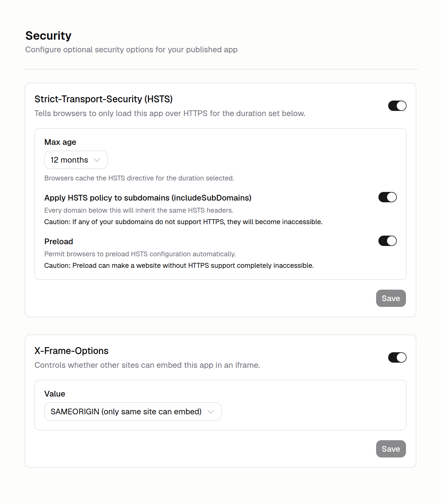 Security settings panel with HSTS Max age 12 months, includeSubDomains and Preload toggled on, and X-Frame-Options set to SAMEORIGIN