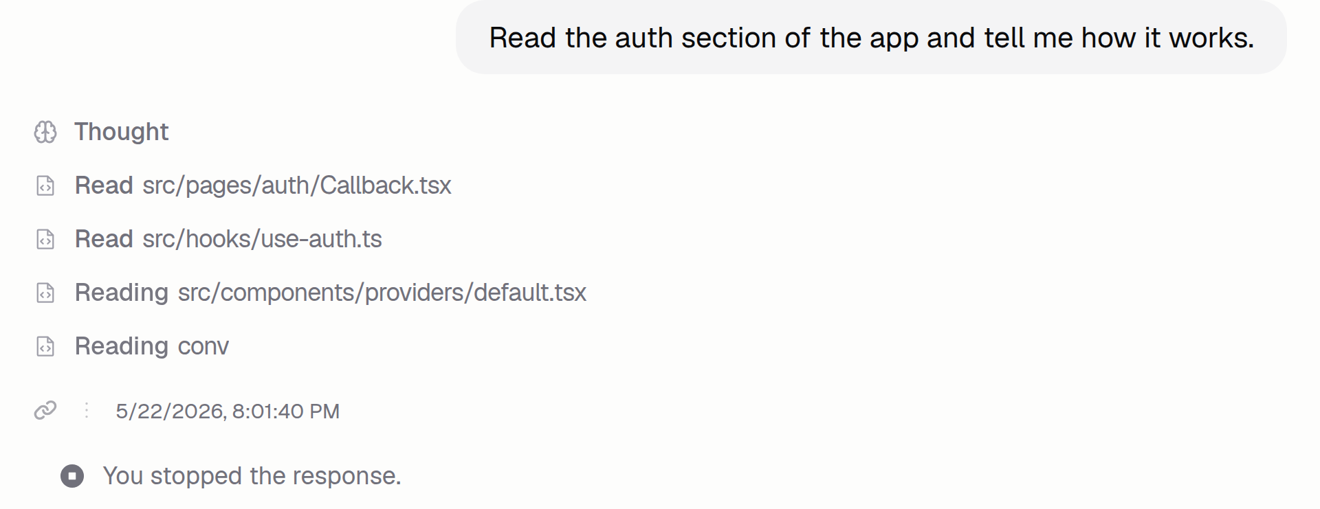 Chat thread with the Agent's tool steps and a You stopped the response indicator at the bottom