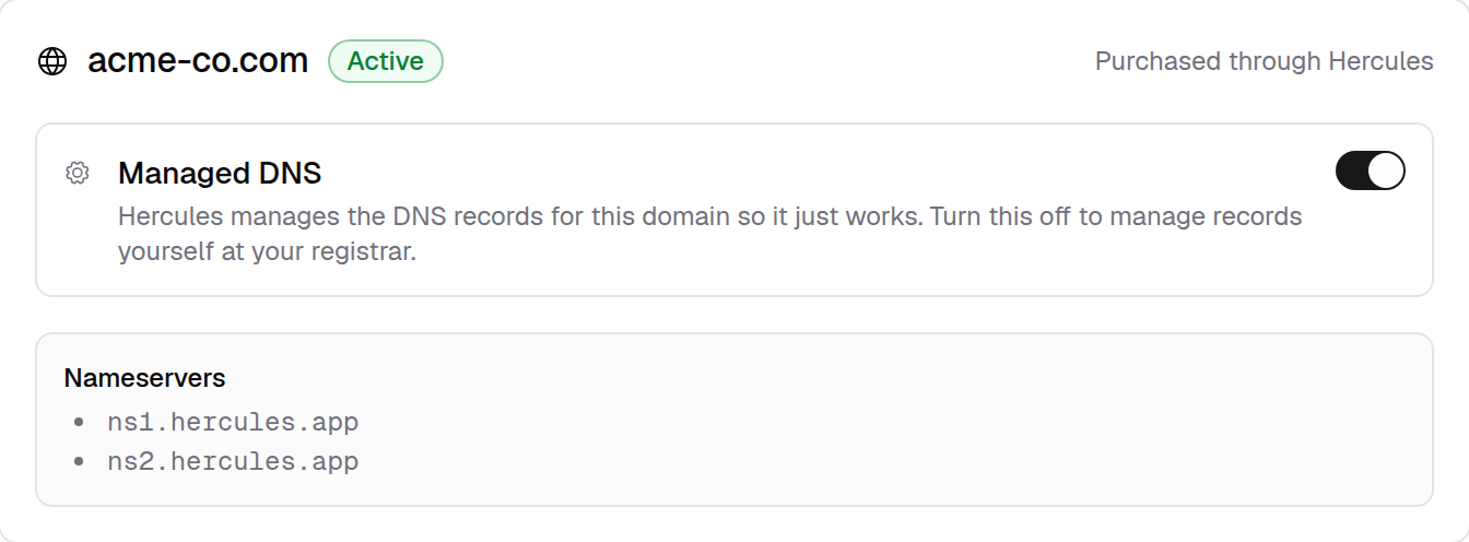 Purchased domain card with a Managed DNS toggle and nameservers callout