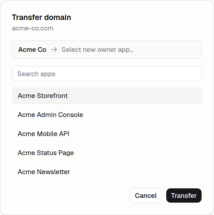 Transfer domain dialog with the current owner, a target app picker, and a list of candidate apps