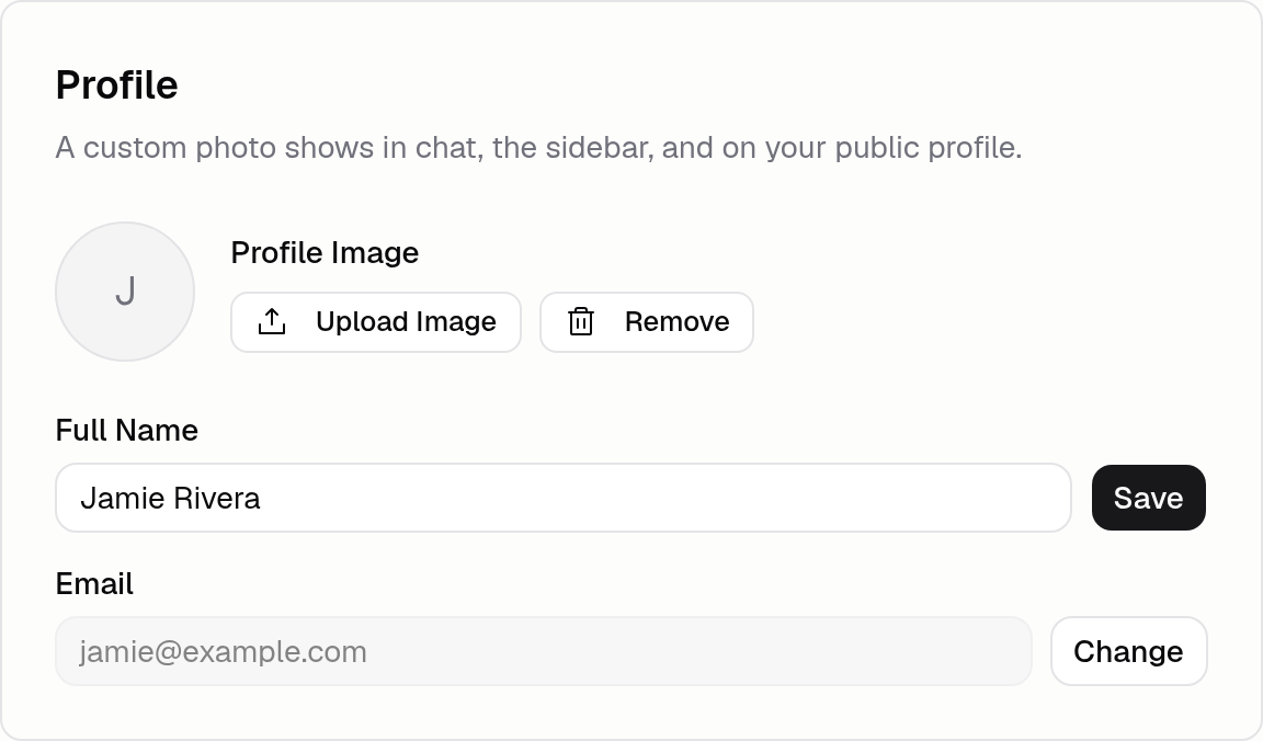 Profile settings screen with an avatar circle and upload and remove buttons