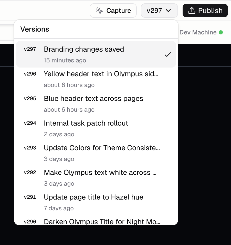 Version history dropdown listing past checkpoints with a one-click rollback action for each