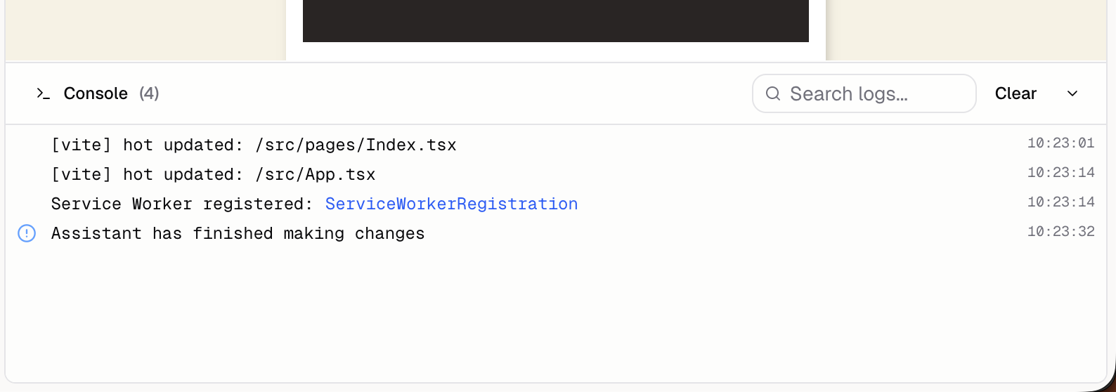 Console pane beneath the live preview showing frontend log entries with severity icons and timestamps