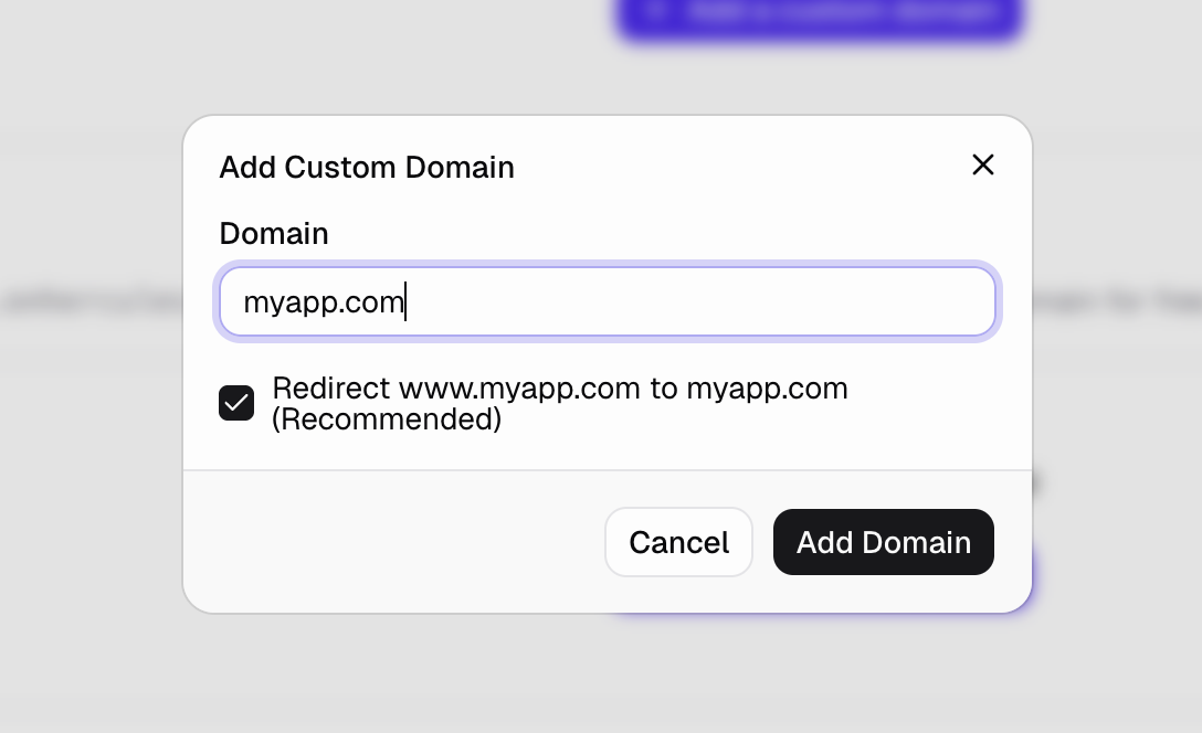 Domain settings panel with a wildcard redirect rule sending www and other subdomains to the root domain